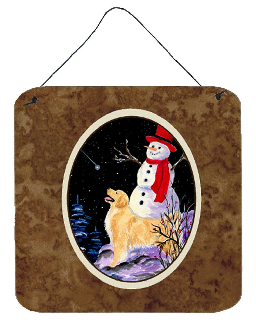 Golden Retriever with Snowman in red Hat Wall or Door Hanging Prints by Caroline's Treasures