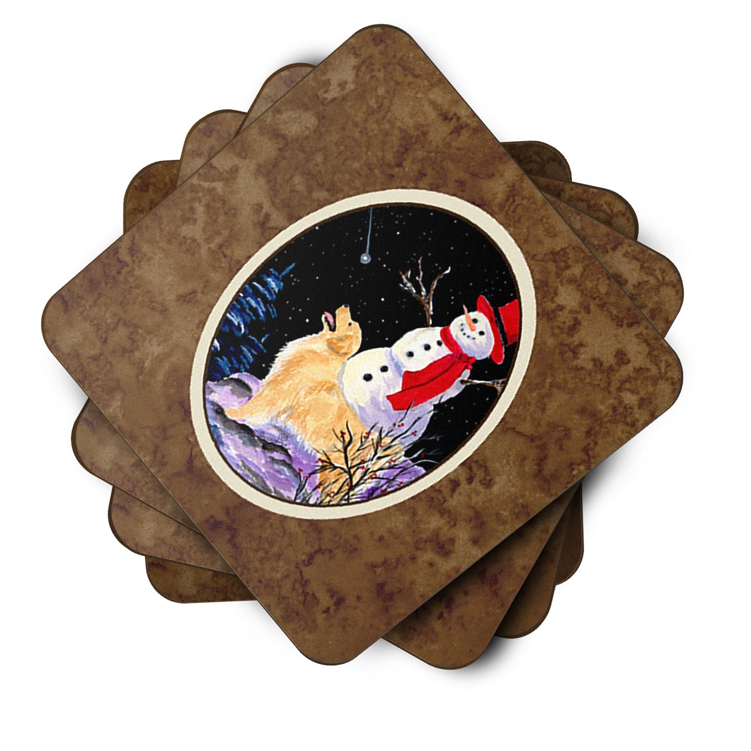 Set of 4 Golden Retriever with Snowman in red Hat Foam Coasters - the-store.com