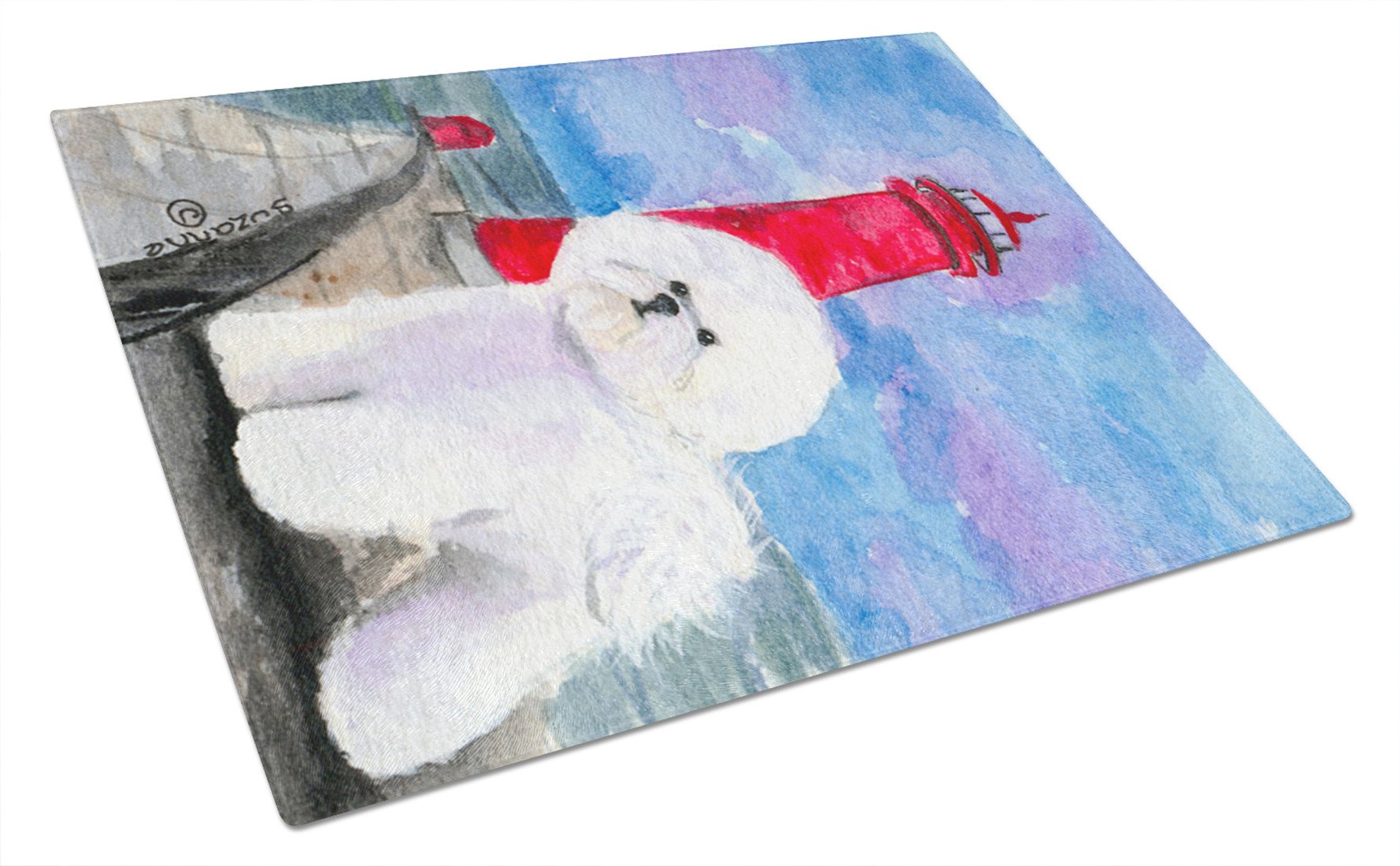 Lighthouse with Bichon Frise Glass Cutting Board Large by Caroline's Treasures