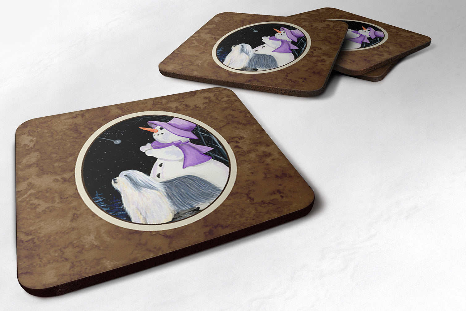 Snowman with Bearded Collie Foam Coasters Set of 4 - the-store.com