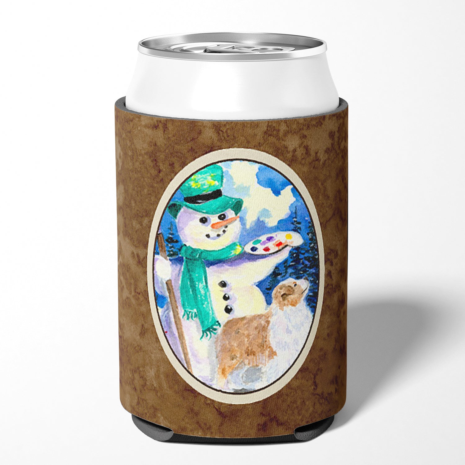 Snowman with Australian Shepherd Can or Bottle Beverage Insulator Hugger.