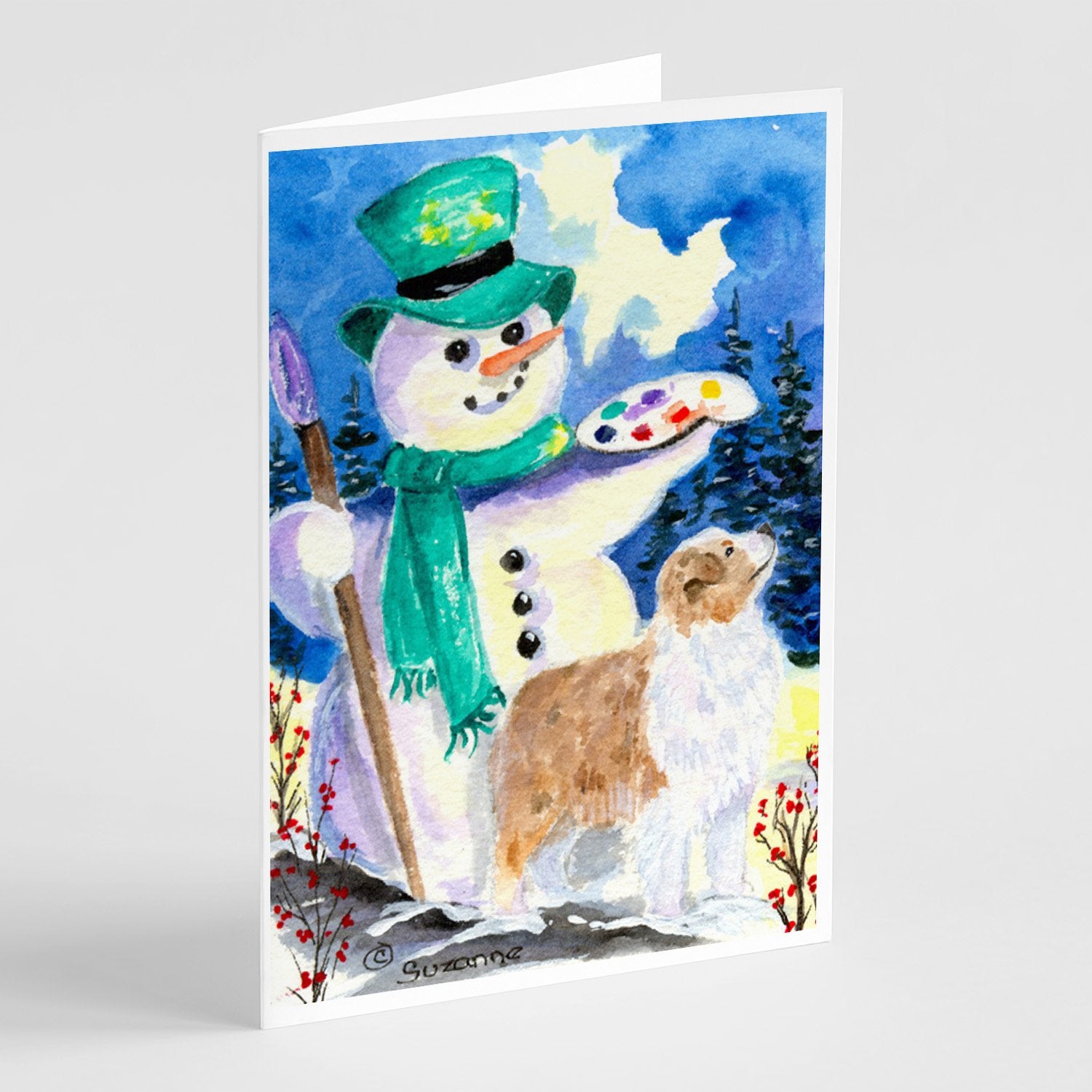 Buy this Snowman with Australian Shepherd Greeting Cards and Envelopes Pack of 8