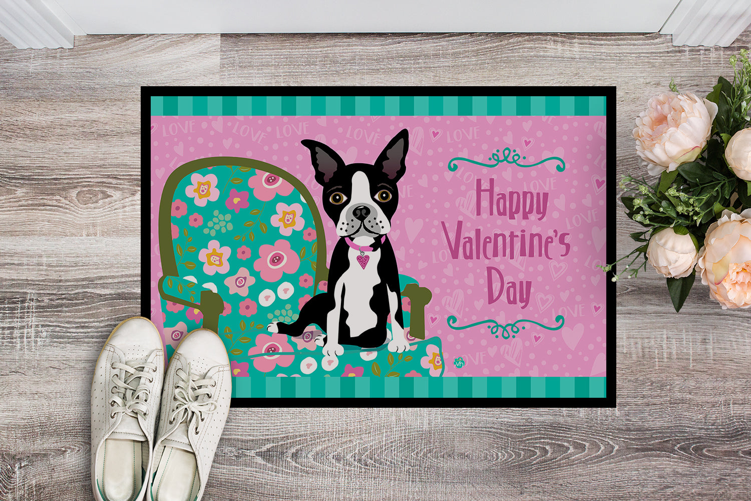 Happy Valentine's Day Boston Terrier Indoor or Outdoor Mat 18x27 - the-store.com