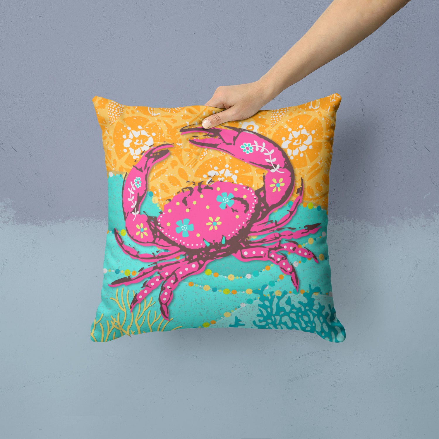 Coastal Pink Crab Fabric Decorative Pillow VHA3028PW1414 - the-store.com