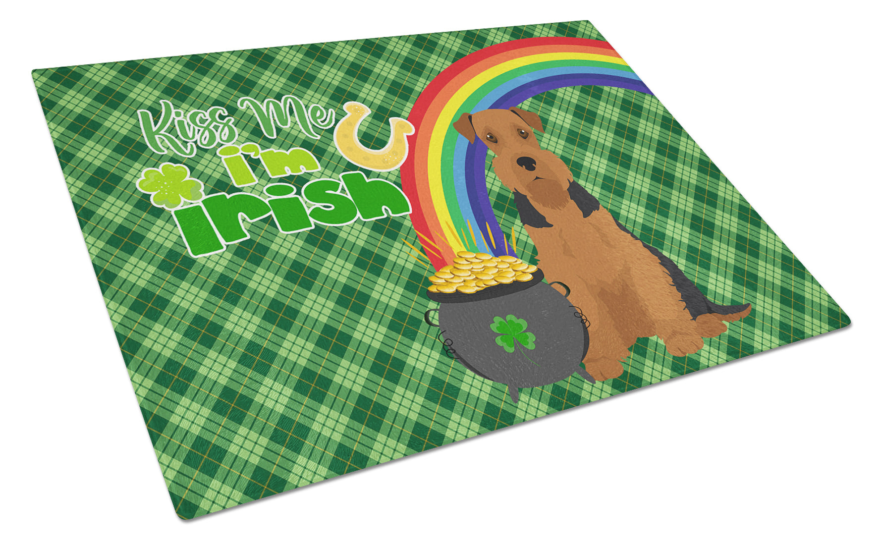 Buy this Black and Tan Airedale Terrier St. Patrick's Day Glass Cutting Board Large