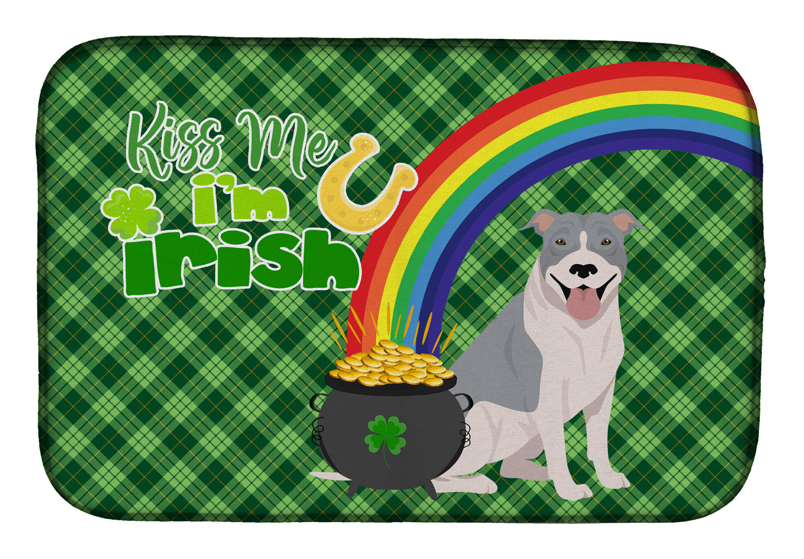 Blue and White Pit Bull Terrier St. Patrick's Day Dish Drying Mat