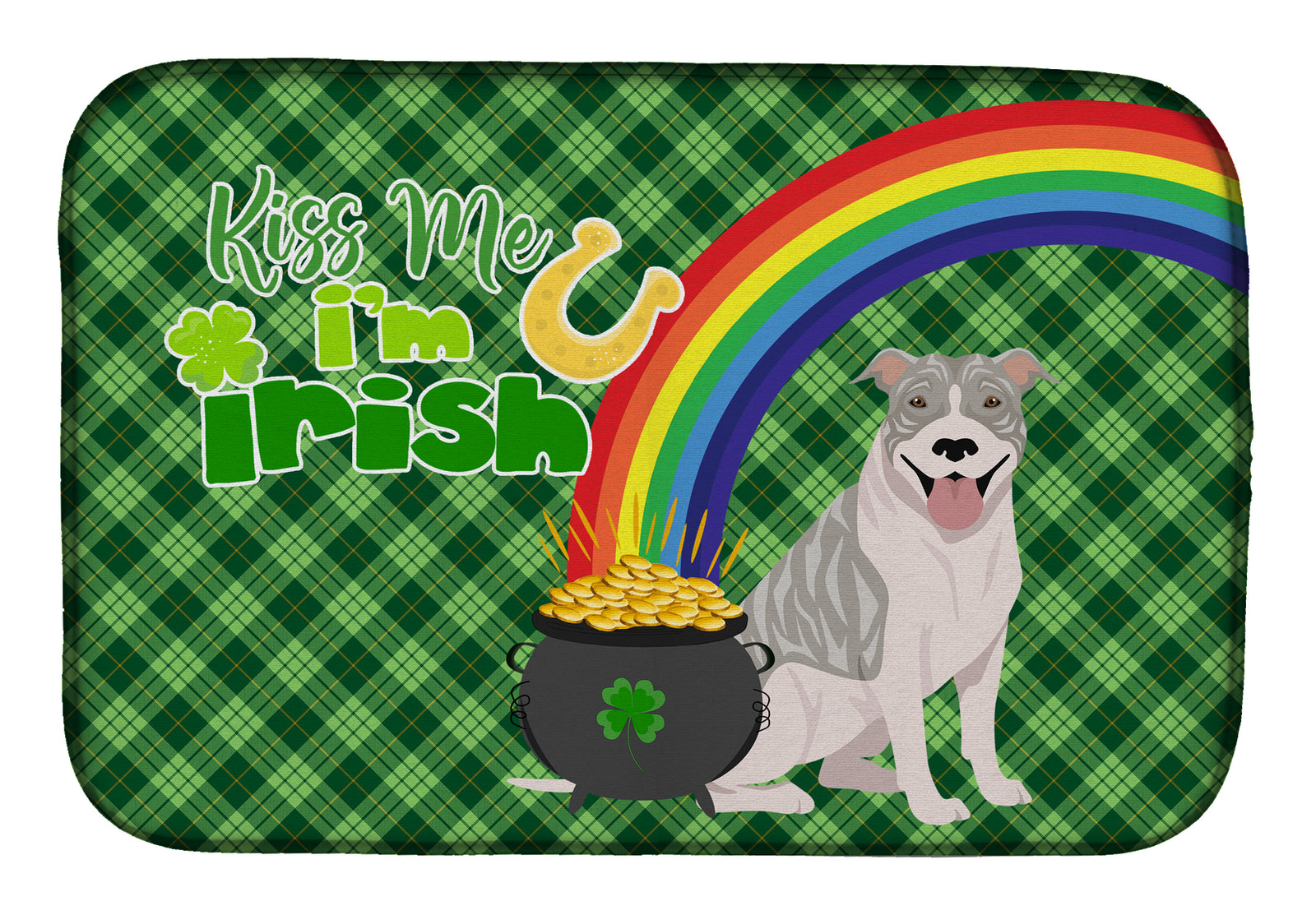 Blue Brindle Pit Bull Terrier St. Patrick's Day Dish Drying Mat