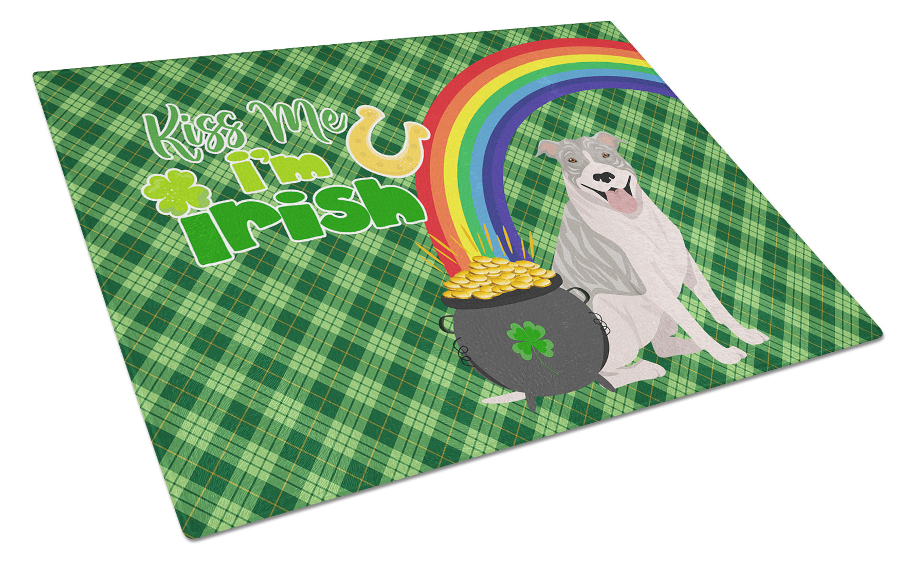 Buy this Blue Brindle Pit Bull Terrier St. Patrick's Day Glass Cutting Board Large
