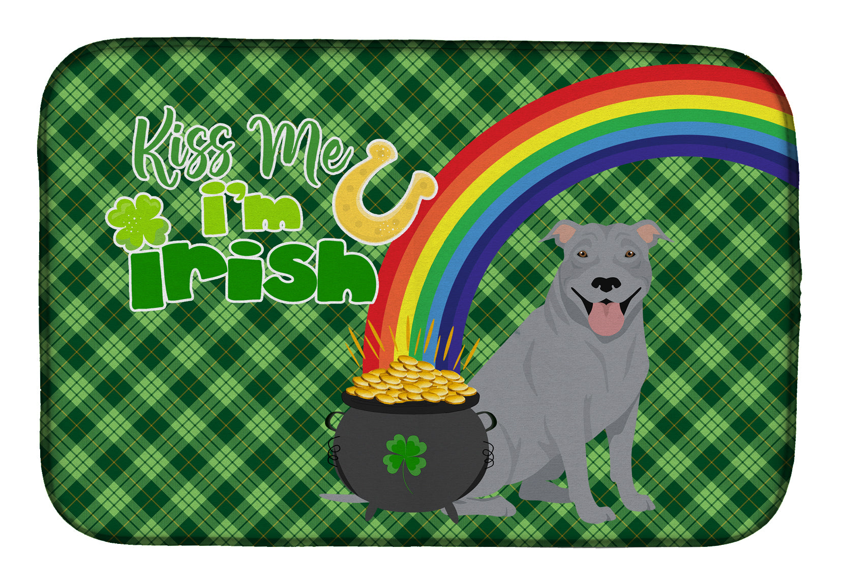 Blue Pit Bull Terrier St. Patrick's Day Dish Drying Mat