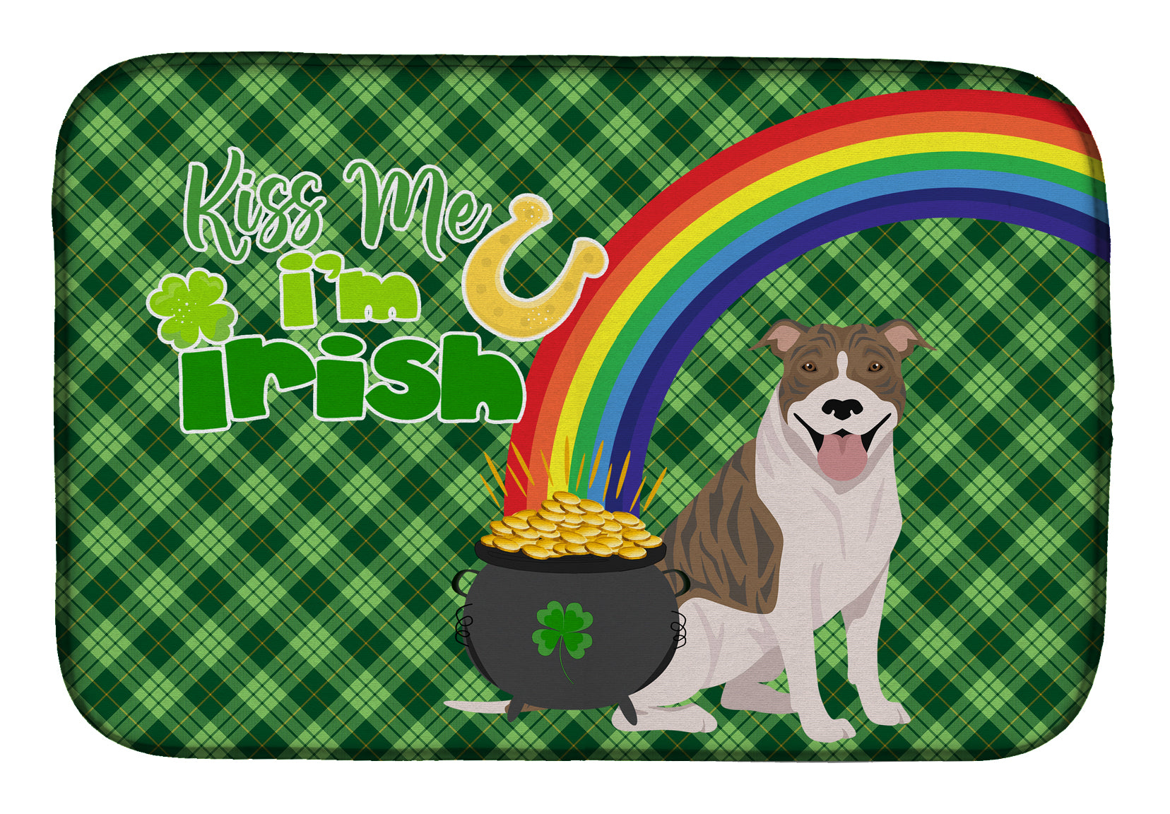 Fawn Brindle Pit Bull Terrier St. Patrick's Day Dish Drying Mat