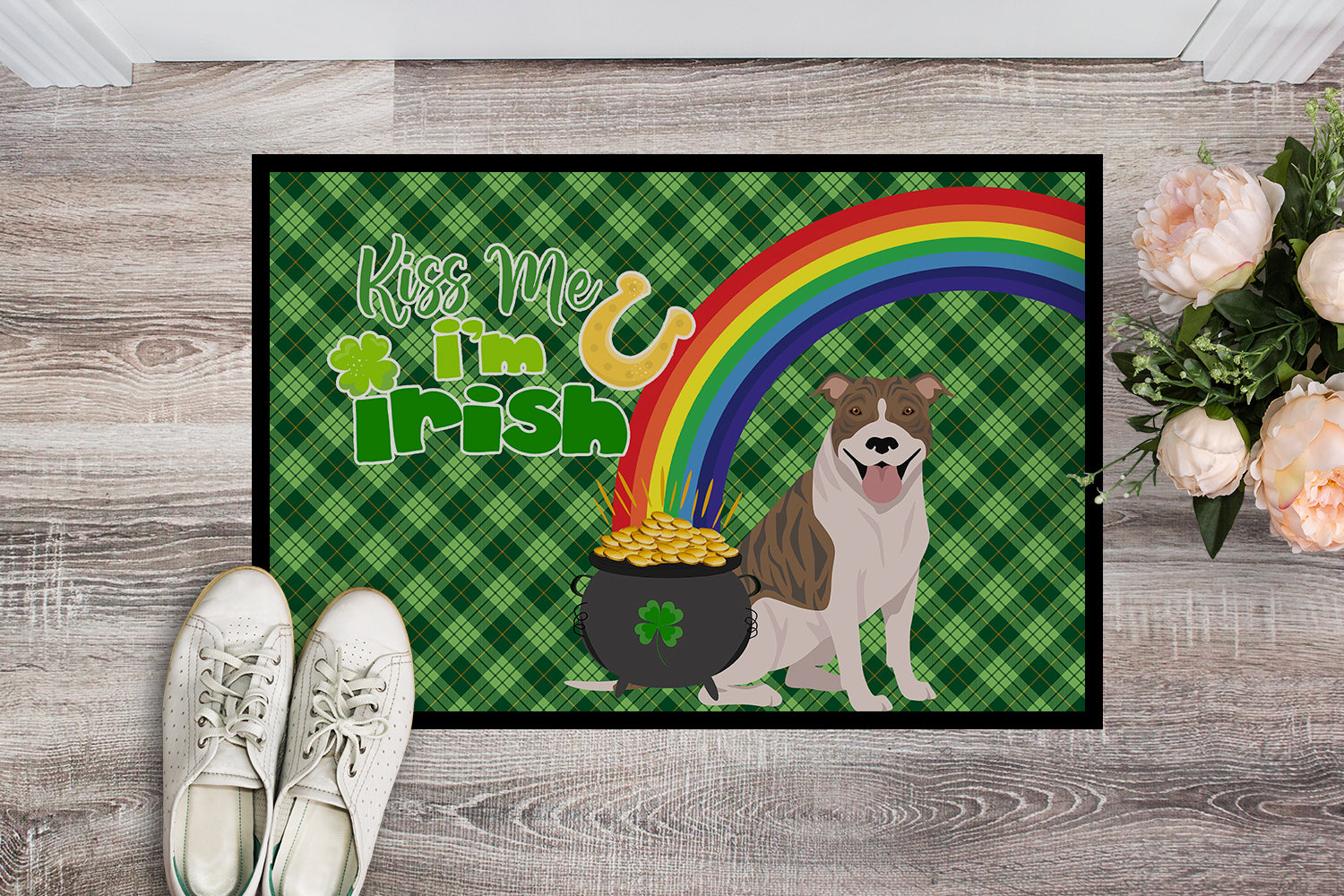 Buy this Fawn Brindle Pit Bull Terrier St. Patrick's Day Indoor or Outdoor Mat 24x36