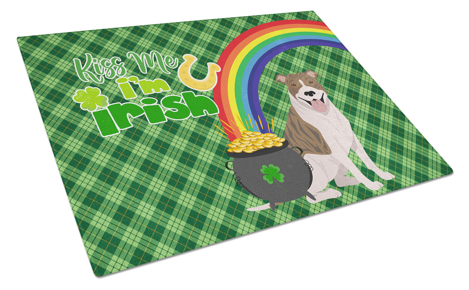 Buy this Fawn Brindle Pit Bull Terrier St. Patrick's Day Glass Cutting Board Large