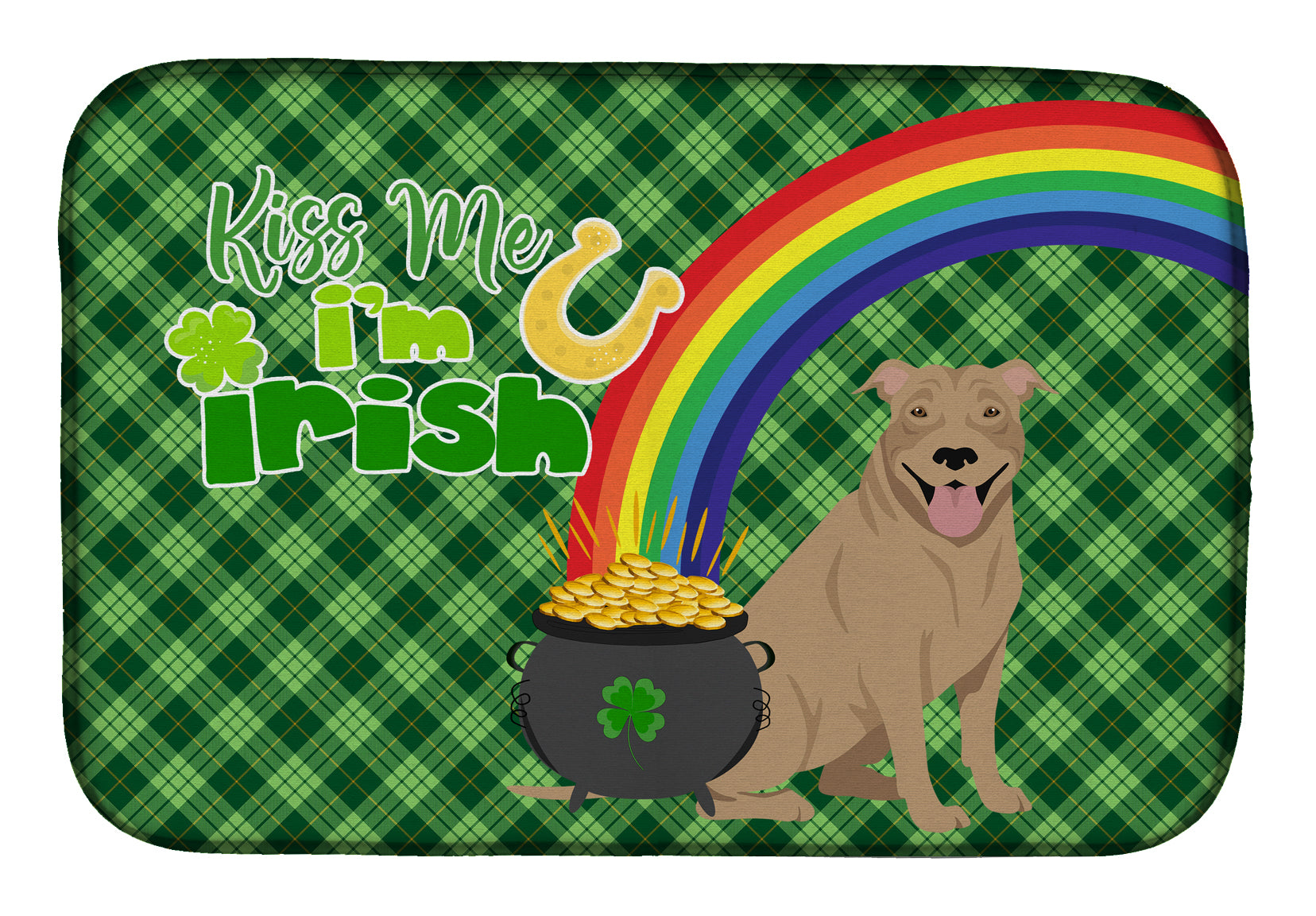 Fawn Pit Bull Terrier St. Patrick's Day Dish Drying Mat