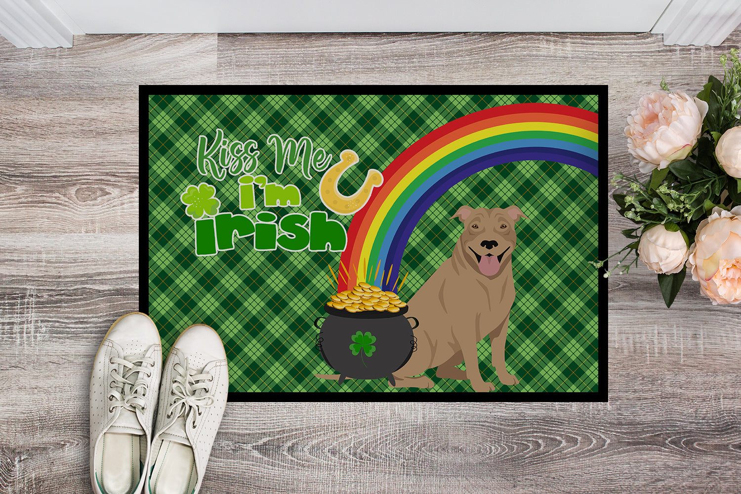 Buy this Fawn Pit Bull Terrier St. Patrick's Day Indoor or Outdoor Mat 24x36