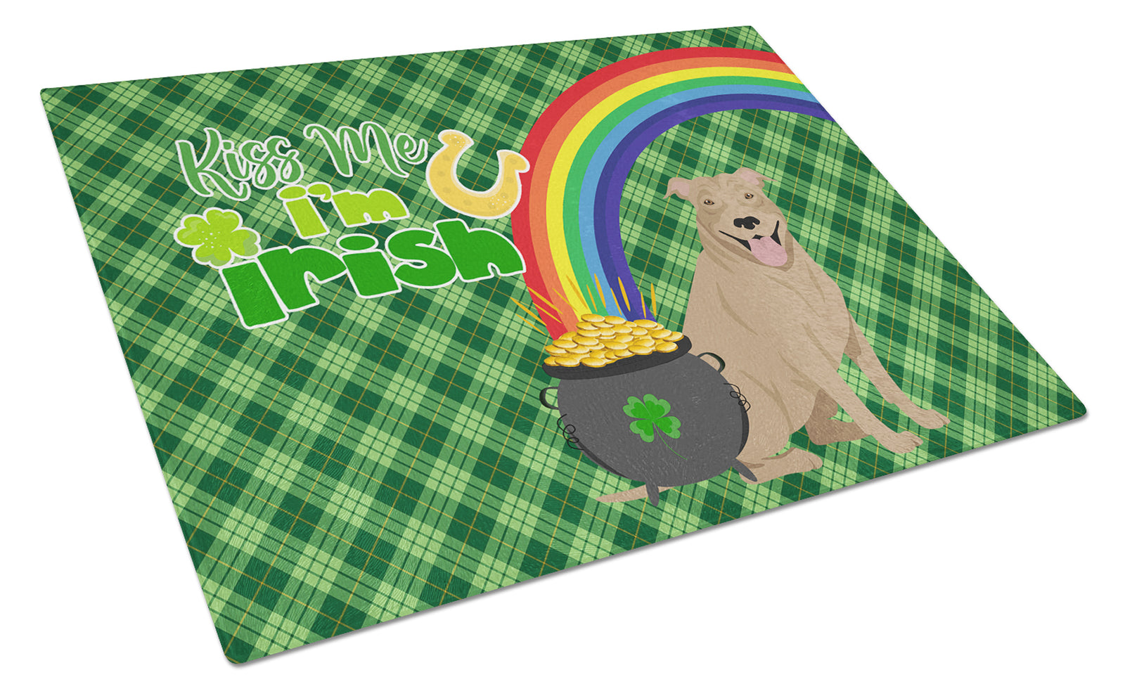 Buy this Fawn Pit Bull Terrier St. Patrick's Day Glass Cutting Board Large