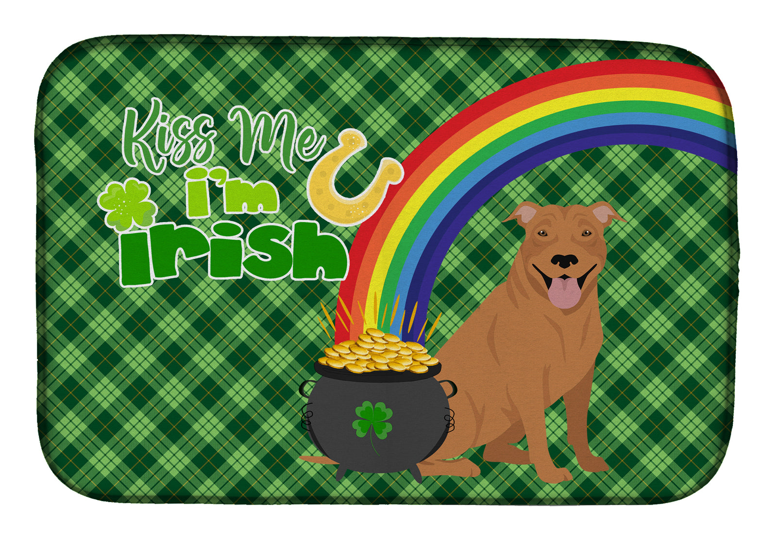 Red Pit Bull Terrier St. Patrick's Day Dish Drying Mat