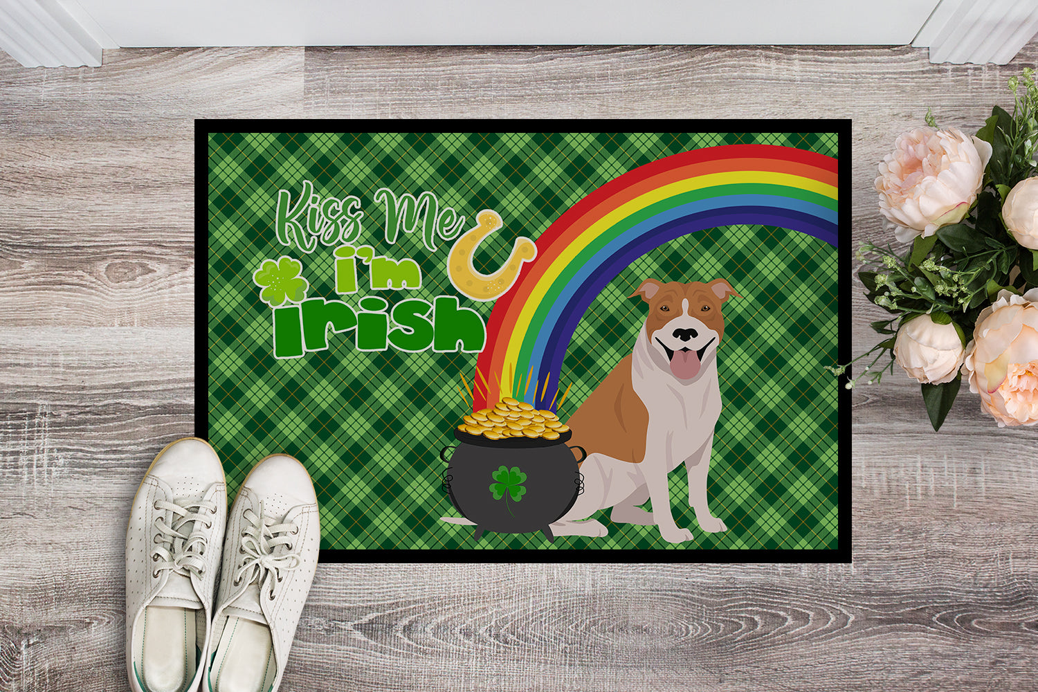 Buy this Red and White Pit Bull Terrier St. Patrick's Day Indoor or Outdoor Mat 24x36