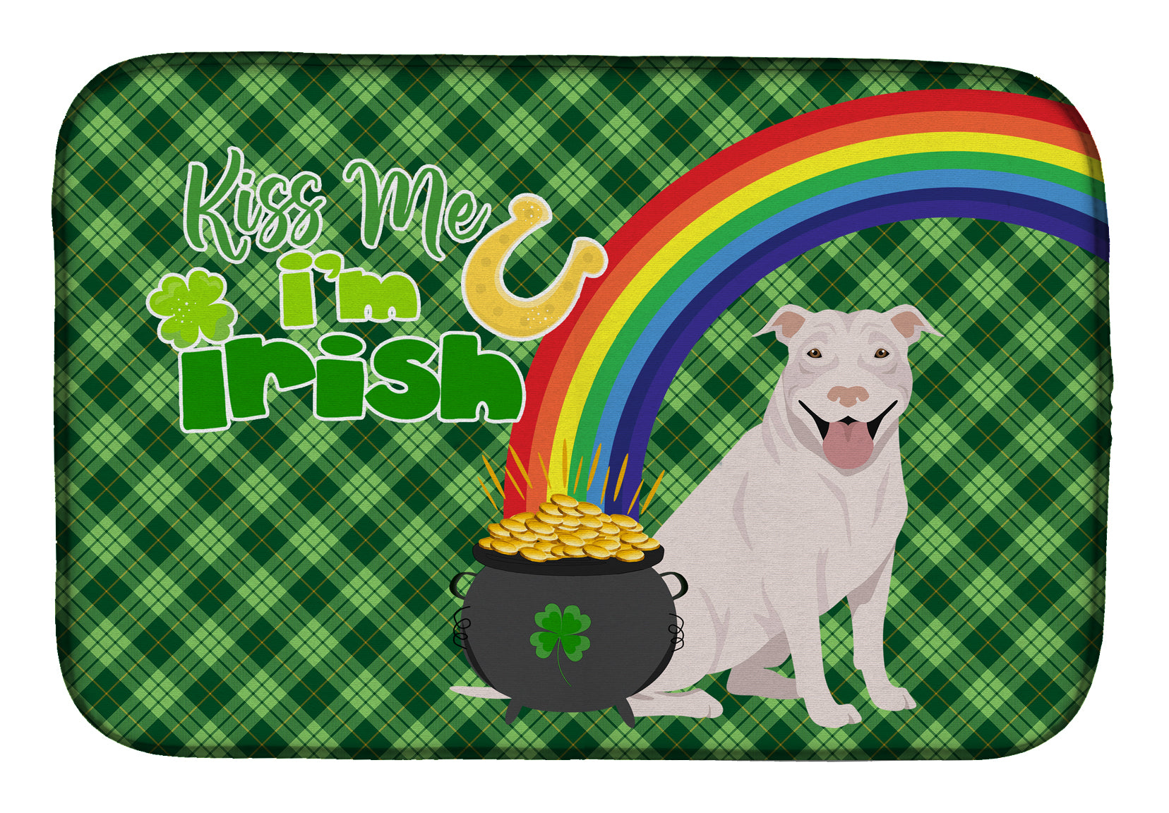 White Pit Bull Terrier St. Patrick's Day Dish Drying Mat