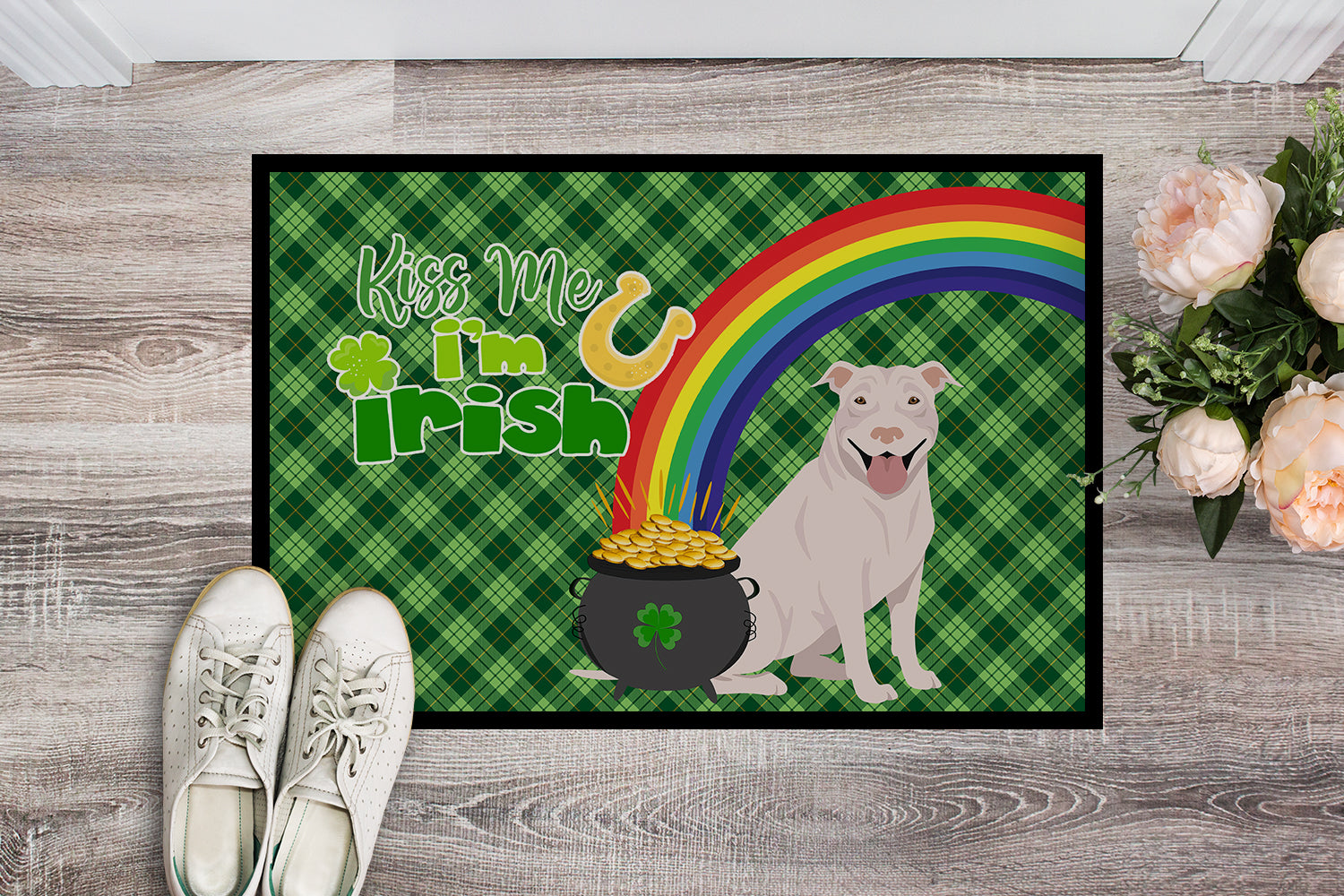 Buy this White Pit Bull Terrier St. Patrick's Day Indoor or Outdoor Mat 24x36