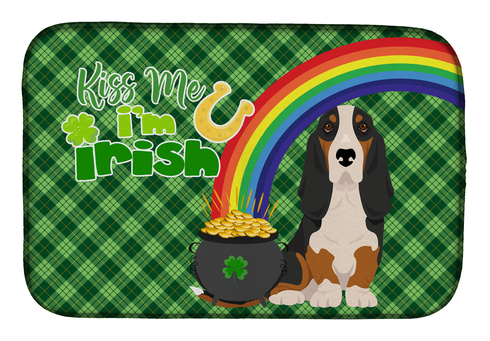 Black Tricolor Basset Hound St. Patrick's Day Dish Drying Mat