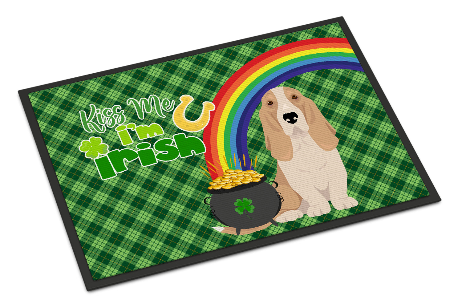 Buy this Lemon and White Tricolor Basset Hound St. Patrick's Day Indoor or Outdoor Mat 24x36