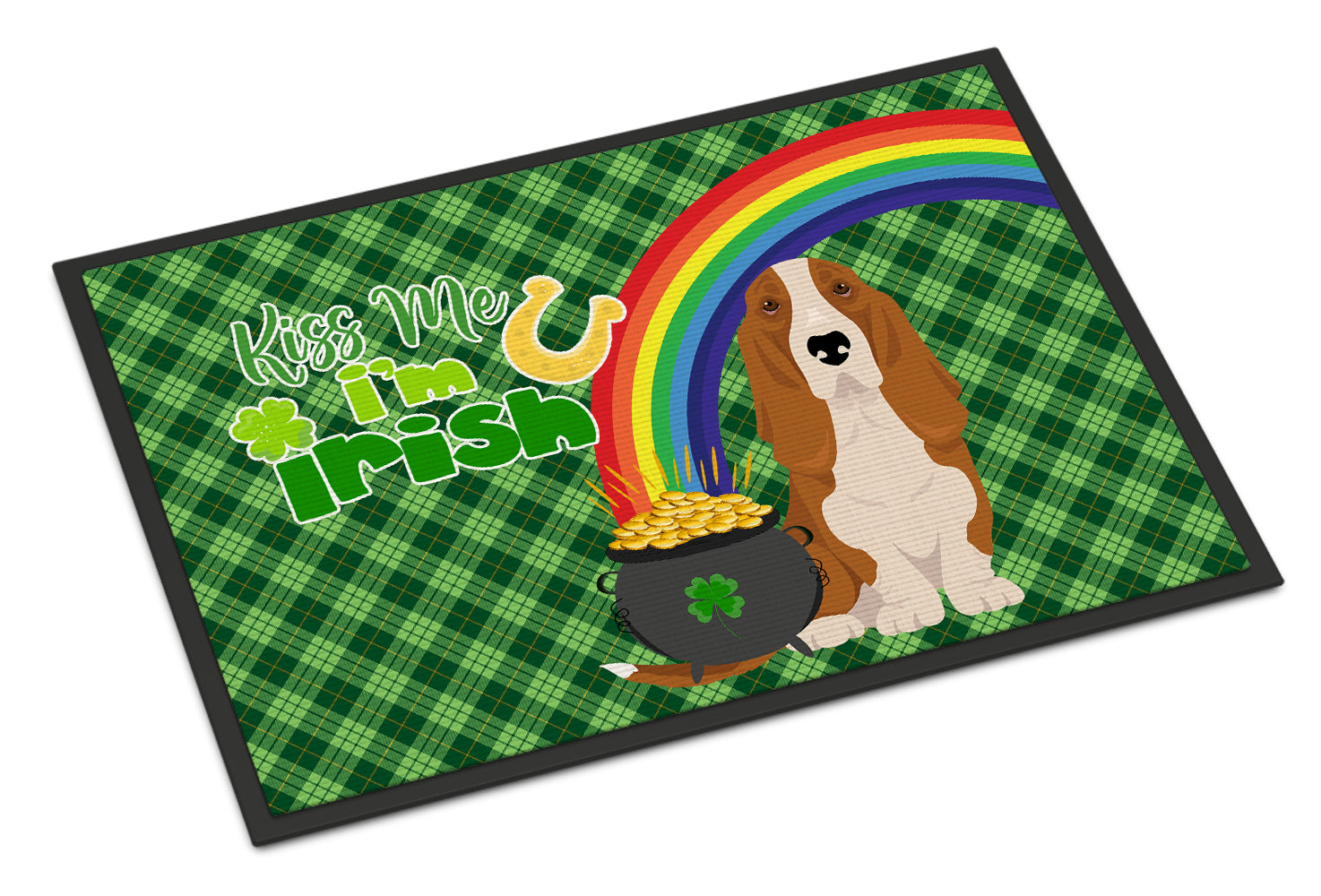 Buy this Red and White Tricolor Basset Hound St. Patrick's Day Indoor or Outdoor Mat 24x36