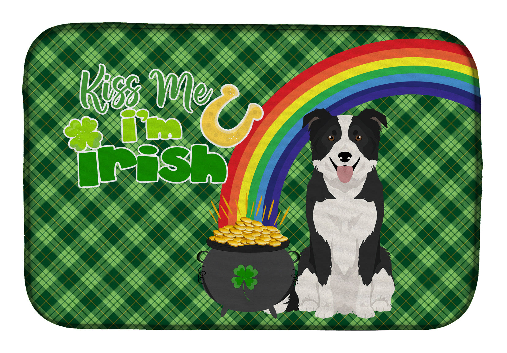 Black and White Border Collie St. Patrick's Day Dish Drying Mat