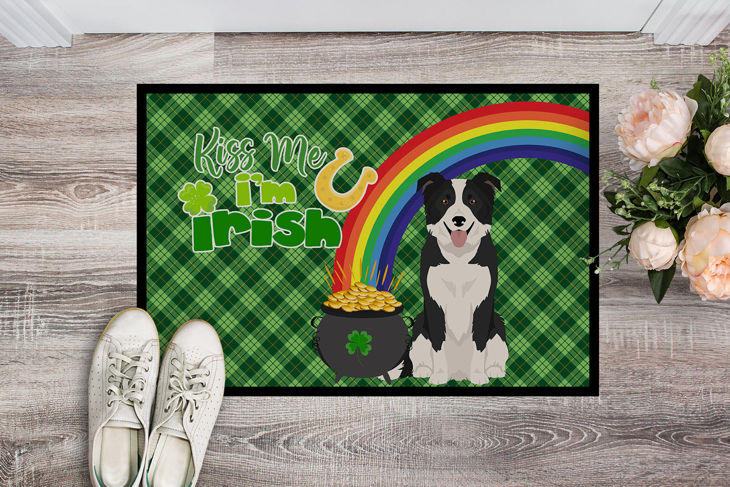 Buy this Black and White Border Collie St. Patrick's Day Indoor or Outdoor Mat 24x36