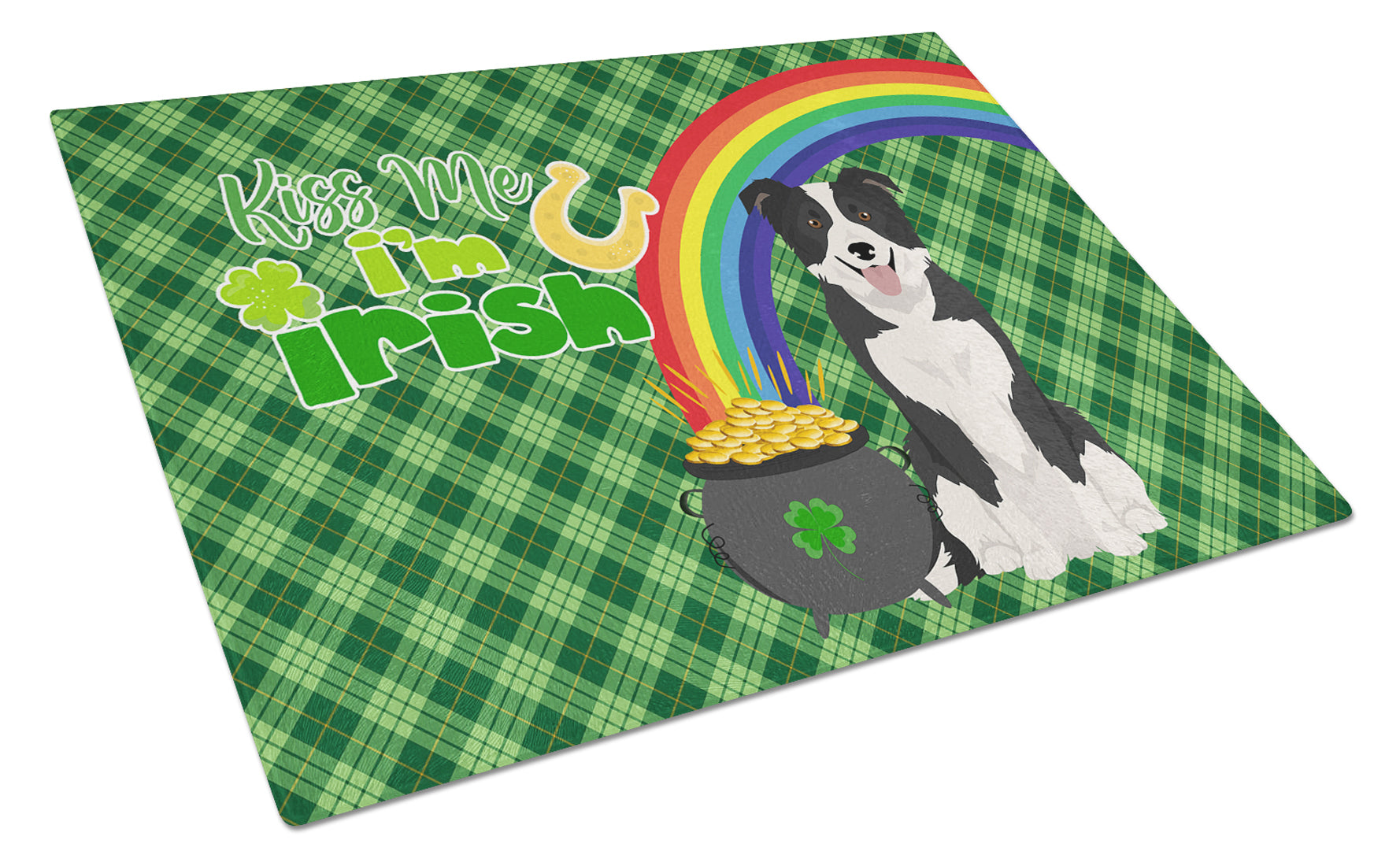 Buy this Black and White Border Collie St. Patrick's Day Glass Cutting Board Large