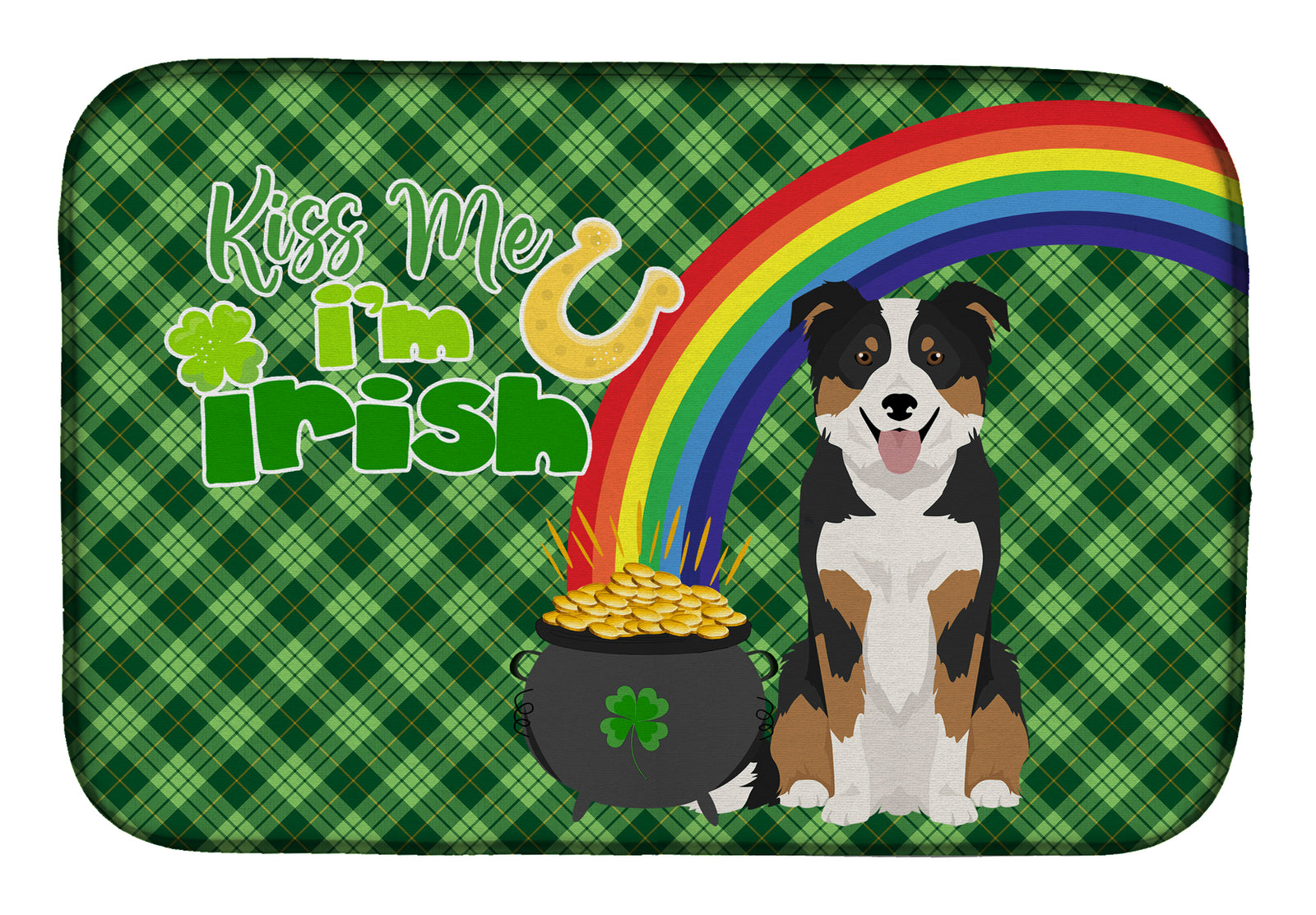 Tricolor Border Collie St. Patrick's Day Dish Drying Mat