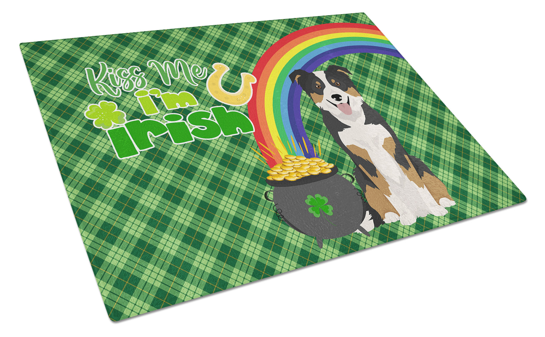 Buy this Tricolor Border Collie St. Patrick's Day Glass Cutting Board Large