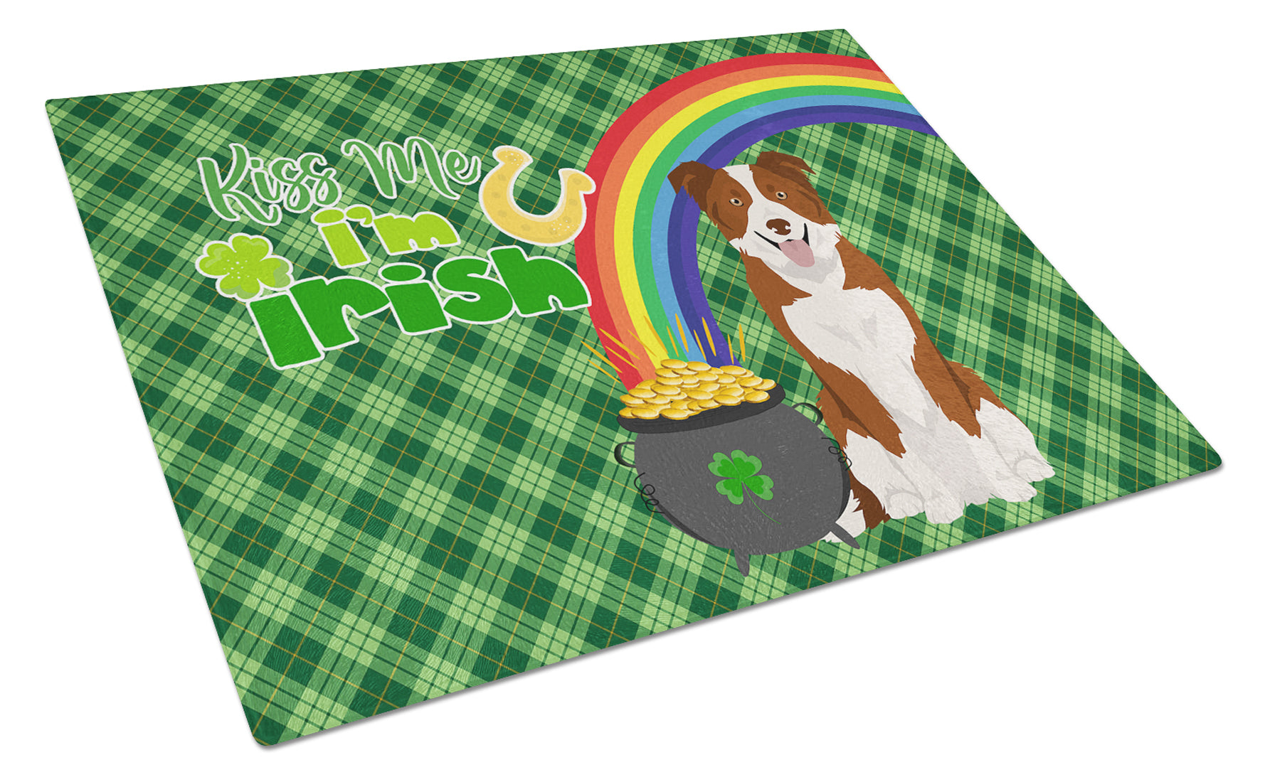 Buy this Red and White Border Collie St. Patrick's Day Glass Cutting Board Large