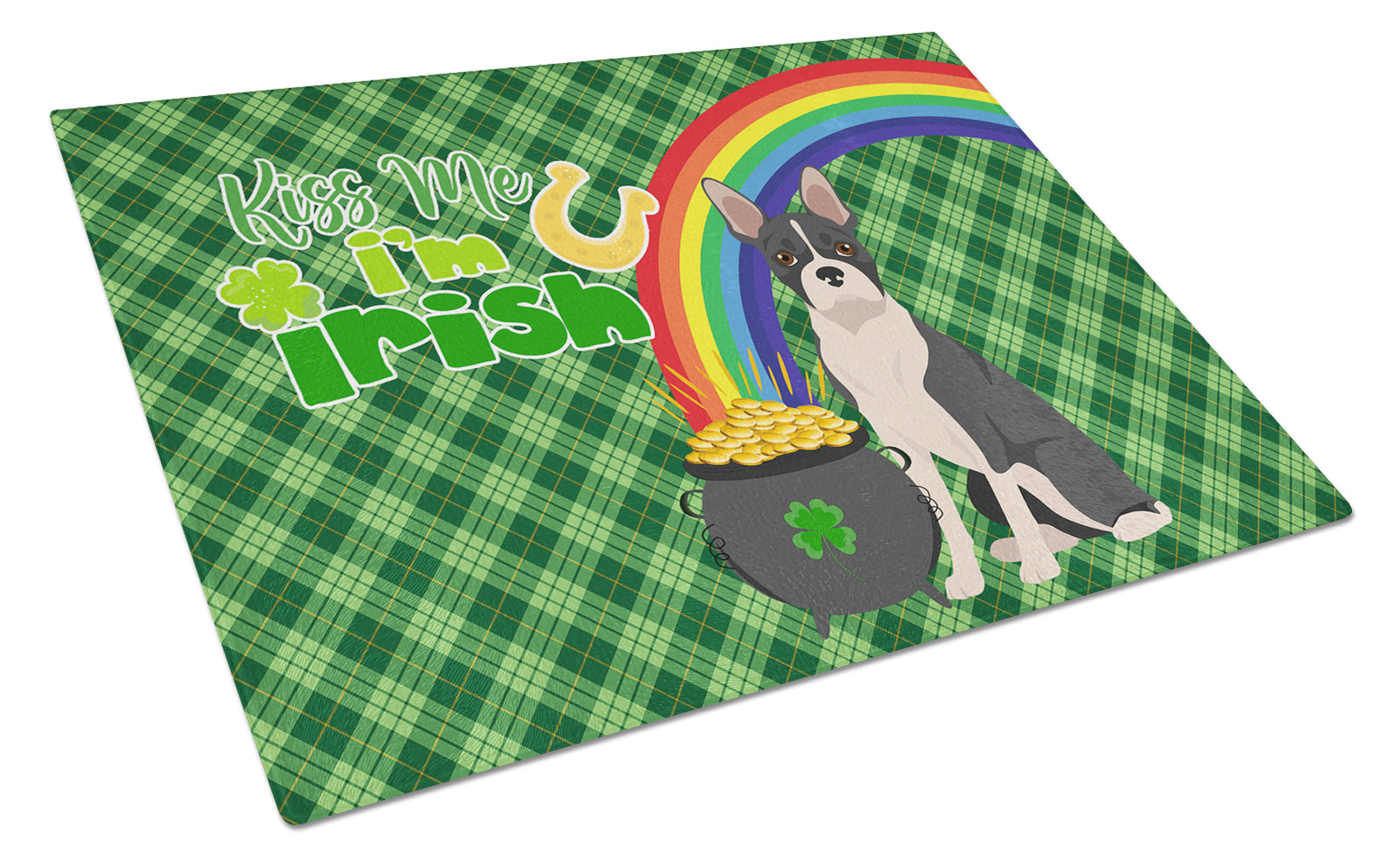 Buy this Black Boston Terrier St. Patrick's Day Glass Cutting Board Large