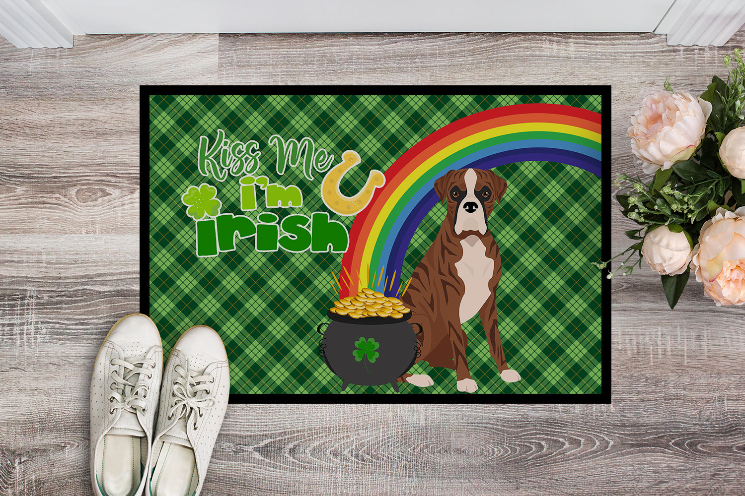 Buy this Natural Eared Red Brindle Boxer St. Patrick's Day Indoor or Outdoor Mat 24x36