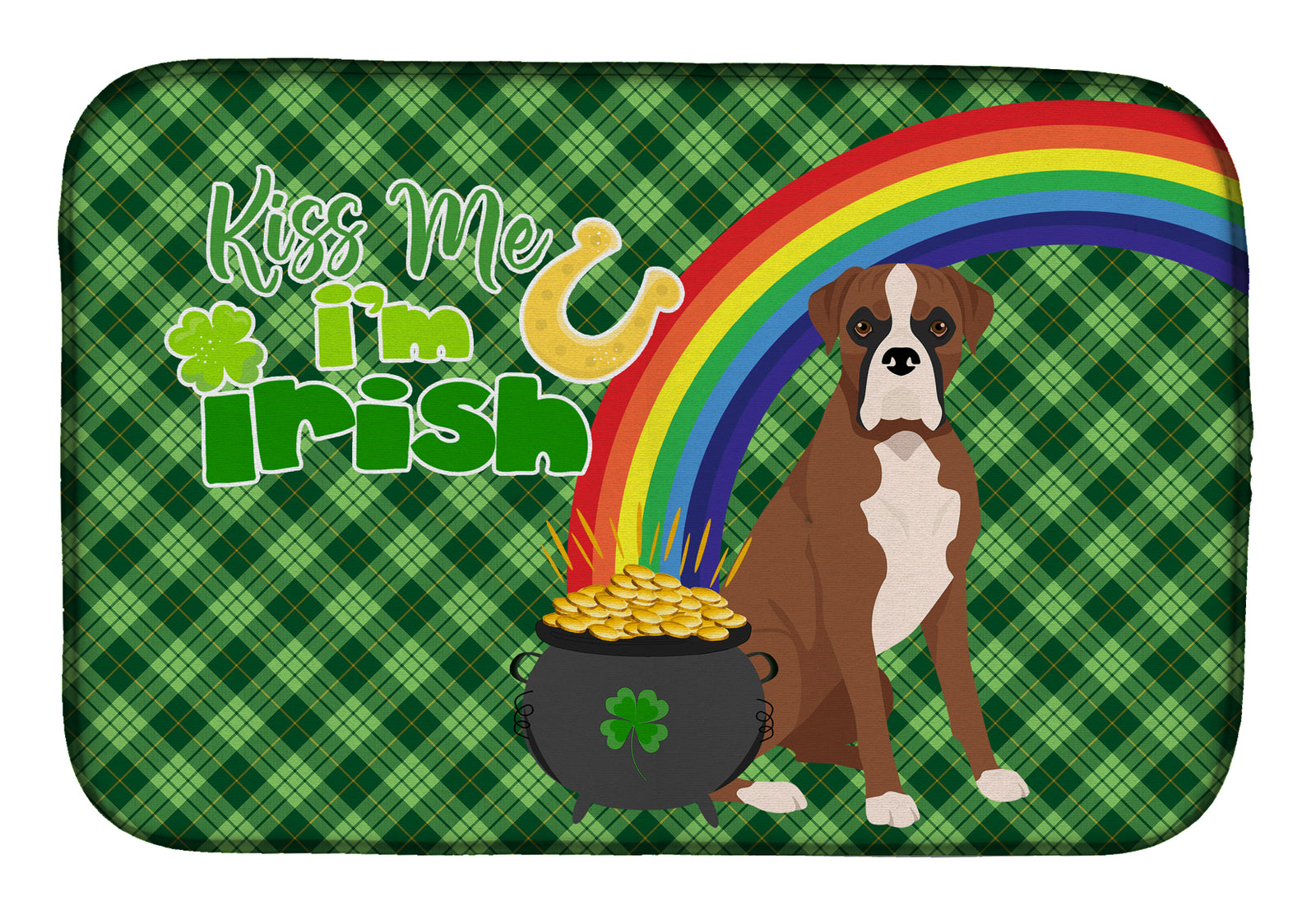 Natural Eared Red Fawn Boxer St. Patrick's Day Dish Drying Mat