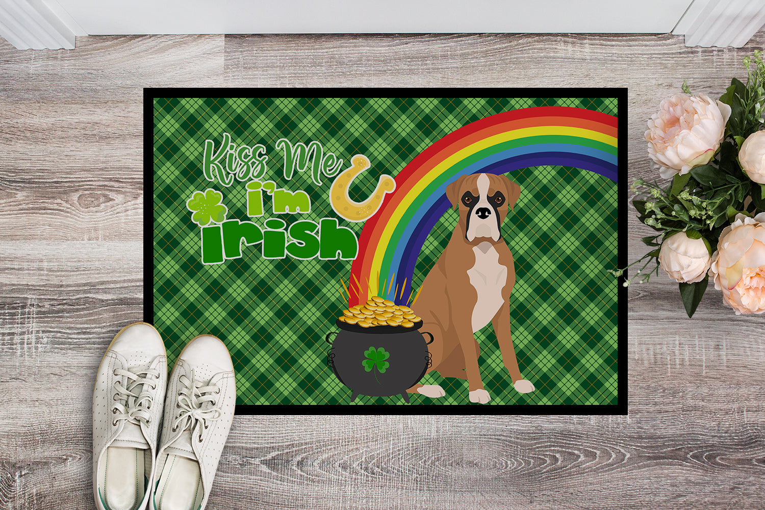Buy this Natural Eared Fawn Boxer St. Patrick's Day Indoor or Outdoor Mat 24x36