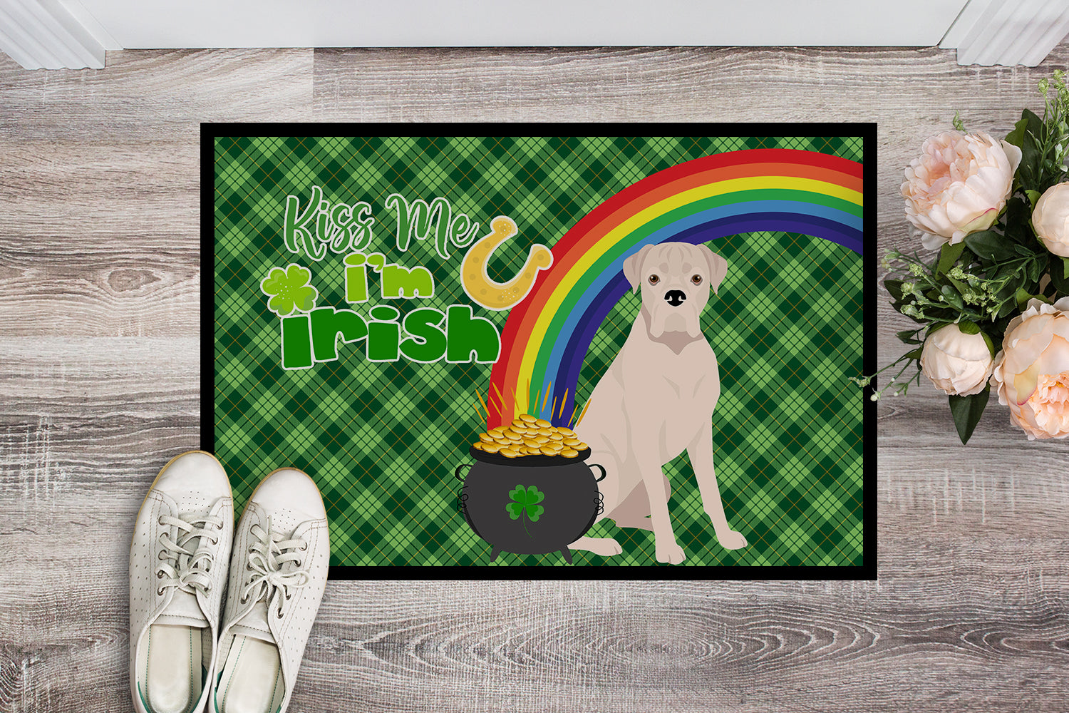 Buy this Natural Eared White Boxer St. Patrick's Day Indoor or Outdoor Mat 24x36