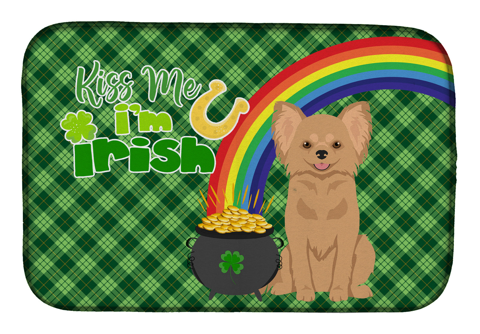Longhaired Gold Chihuahua St. Patrick's Day Dish Drying Mat