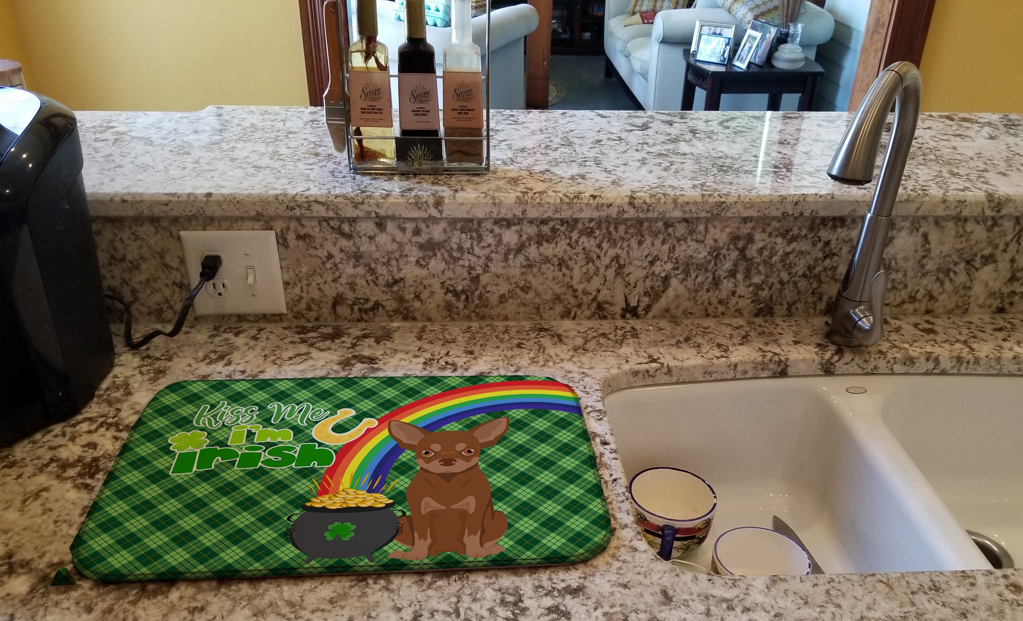 Chocolate and Tan Chihuahua St. Patrick's Day Dish Drying Mat