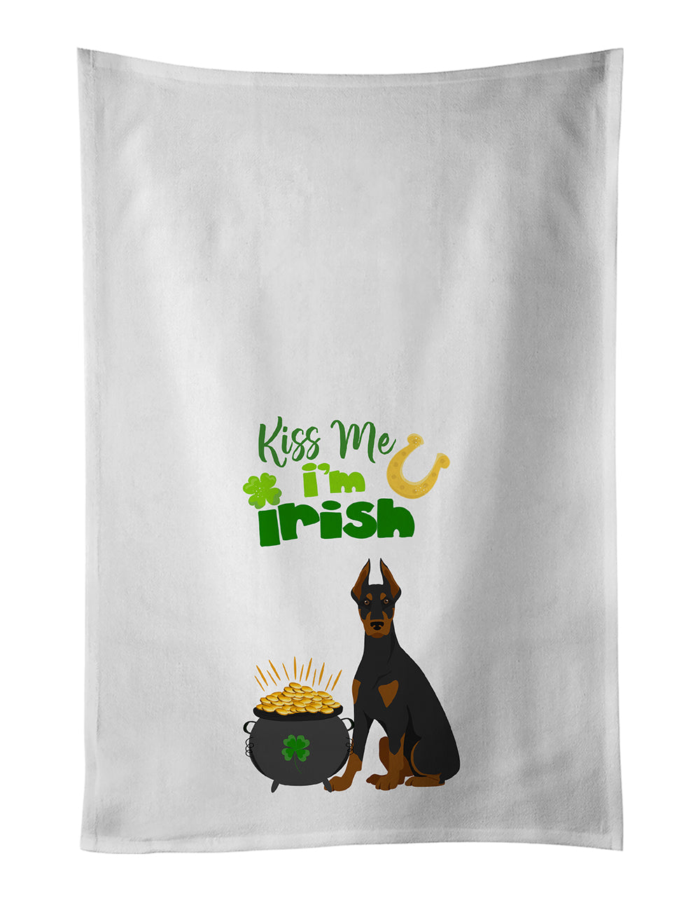 Buy this Black and Tan Doberman Pinscher St. Patrick's Day White Kitchen Towel Set of 2 Dish Towels