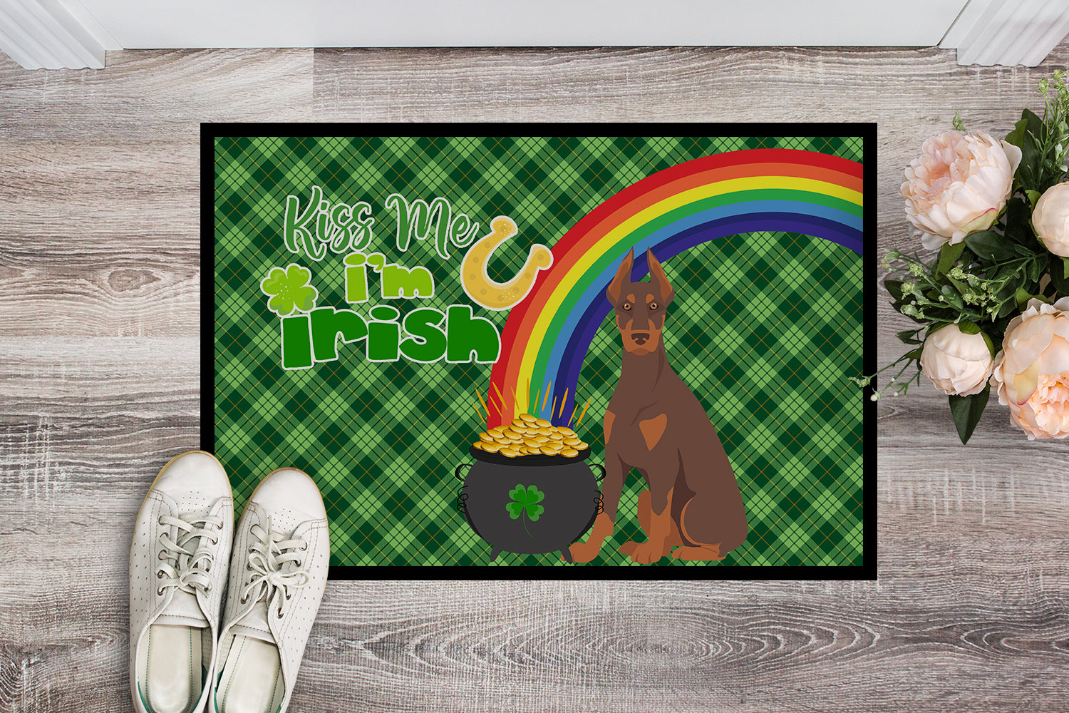 Buy this Red and Tan Doberman Pinscher St. Patrick's Day Indoor or Outdoor Mat 24x36
