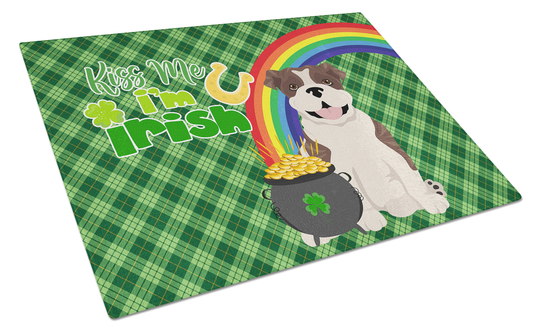 Buy this Brindle English Bulldog St. Patrick's Day Glass Cutting Board Large