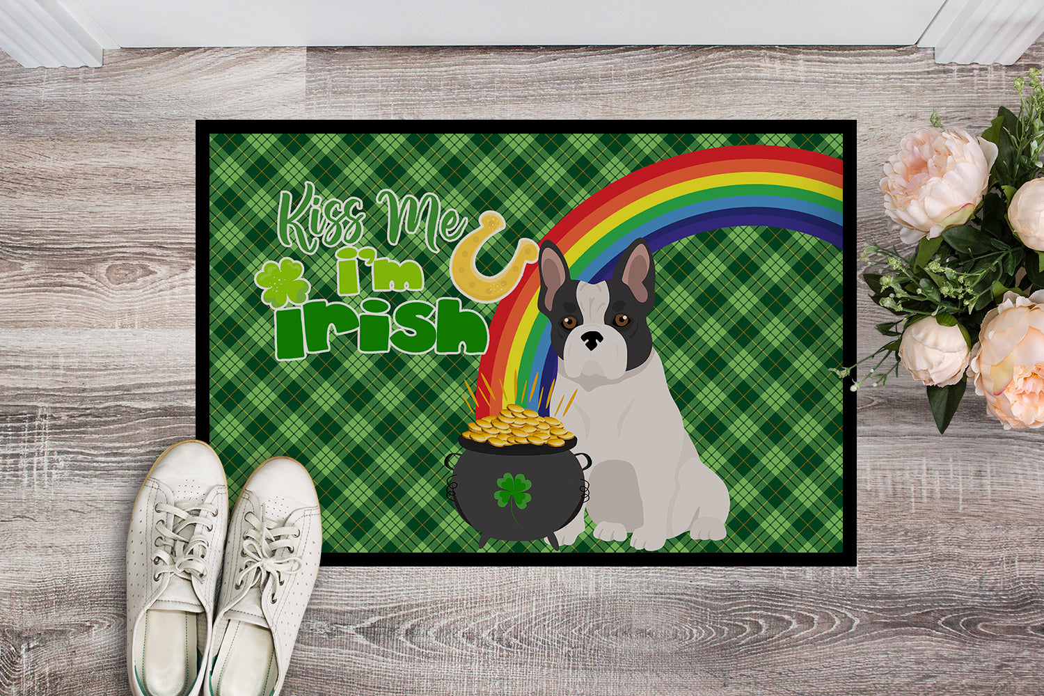 Buy this Black and White French Bulldog St. Patrick's Day Indoor or Outdoor Mat 24x36