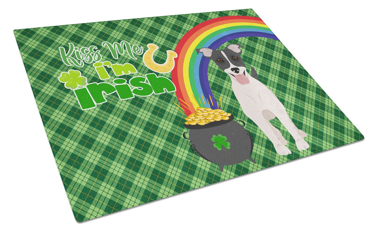 Buy this Black White Smooth Jack Russell Terrier St. Patrick's Day Glass Cutting Board Large