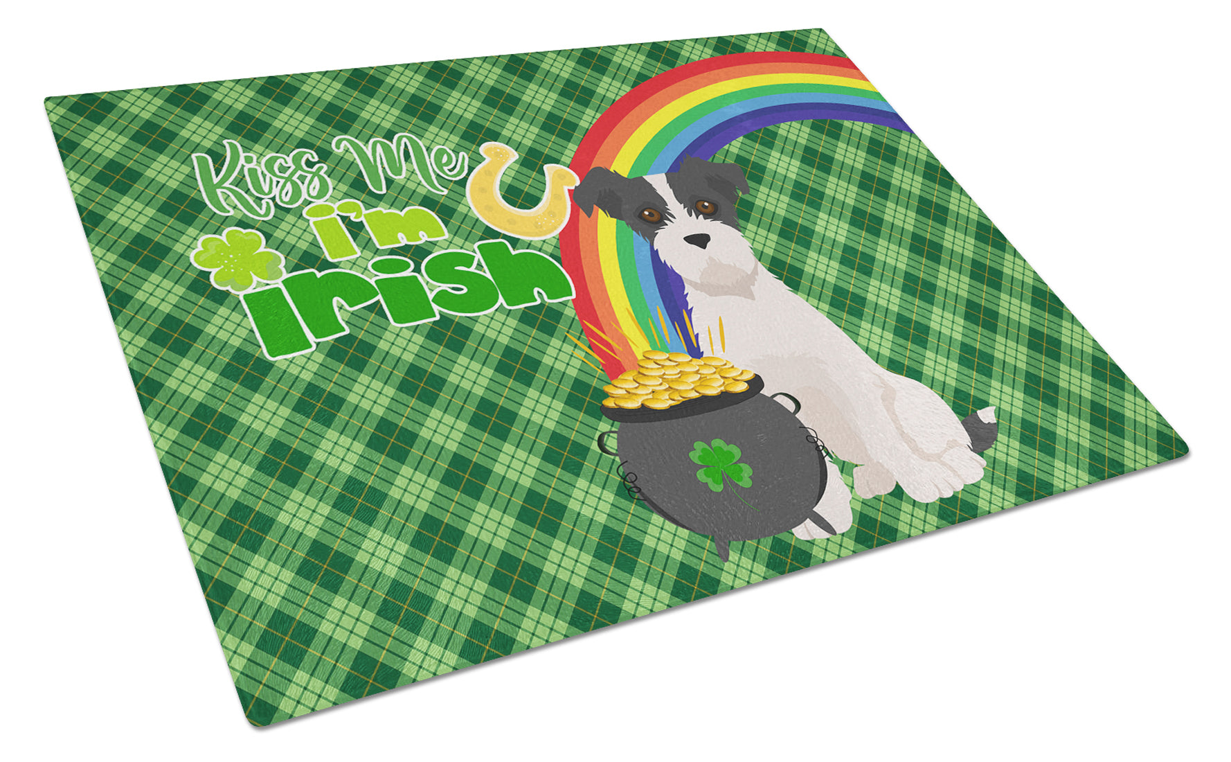 Buy this Black White Wirehair Jack Russell Terrier St. Patrick's Day Glass Cutting Board Large
