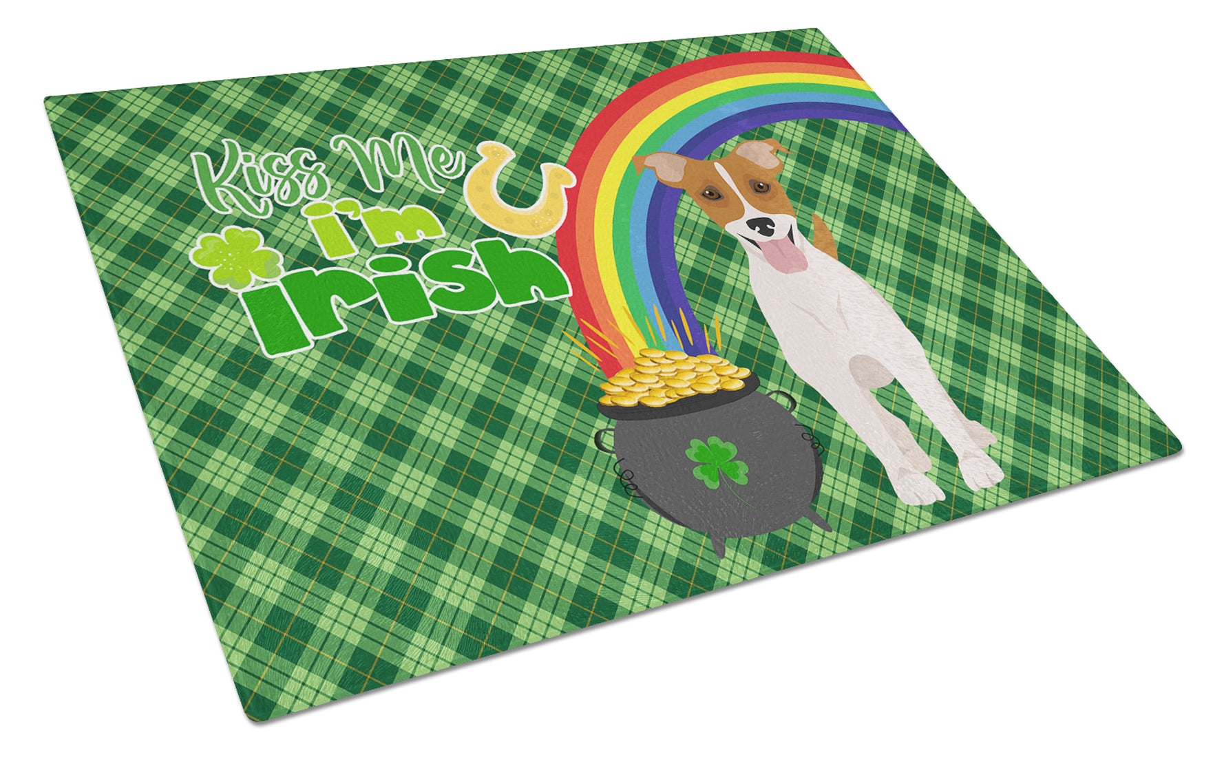 Buy this Brown White Smooth Jack Russell Terrier St. Patrick's Day Glass Cutting Board Large