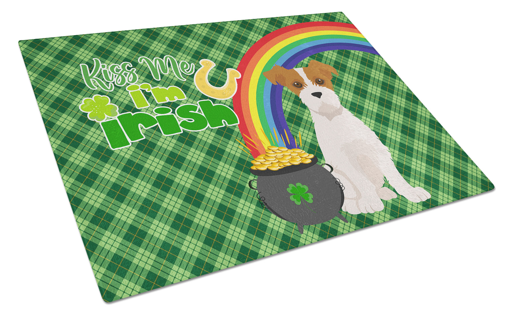 Buy this Brown White Wirehair Jack Russell Terrier St. Patrick's Day Glass Cutting Board Large