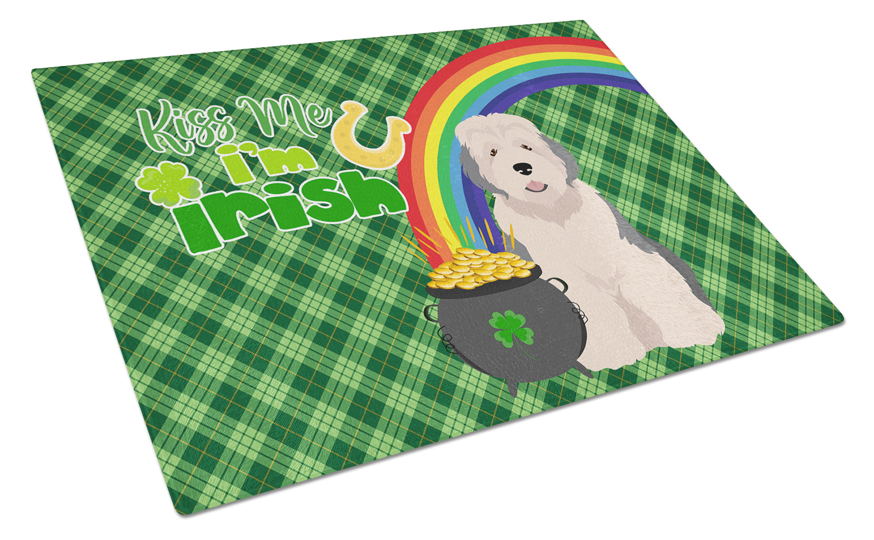 Buy this Old English Sheepdog St. Patrick's Day Glass Cutting Board Large