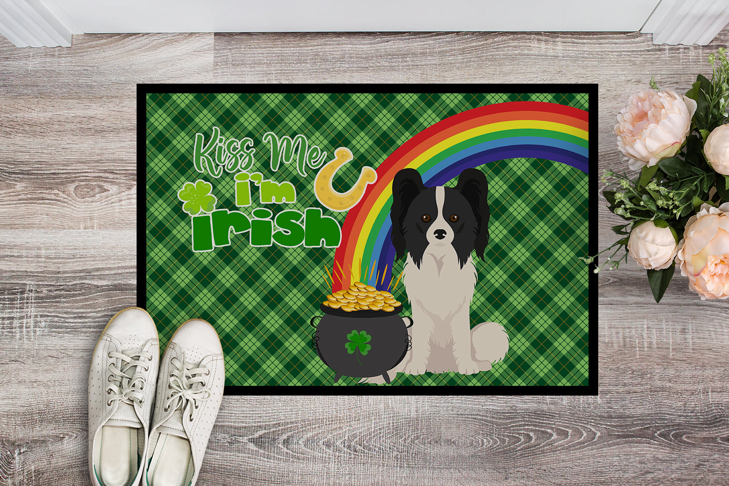 Buy this Black and White Papillon St. Patrick's Day Indoor or Outdoor Mat 24x36
