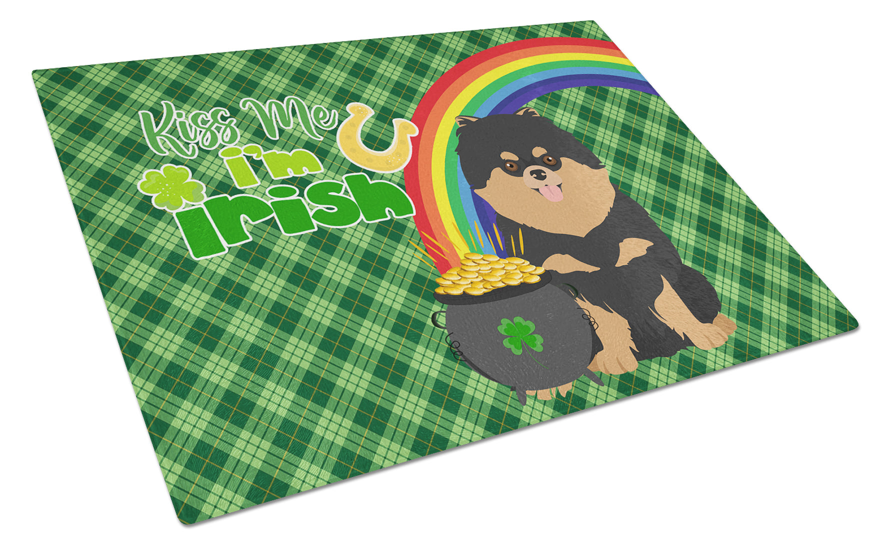 Buy this Black and Tan Pomeranian St. Patrick's Day Glass Cutting Board Large
